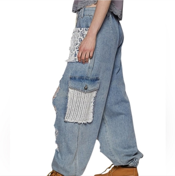 POL Blue Denim Crochet Distressed Oversized Jogger Jeans - Picture 3 of 4